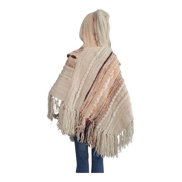 martine gruber vintage 100 pure virgin wool Hand woven poncho with hood fringes - Picture 5 of 16